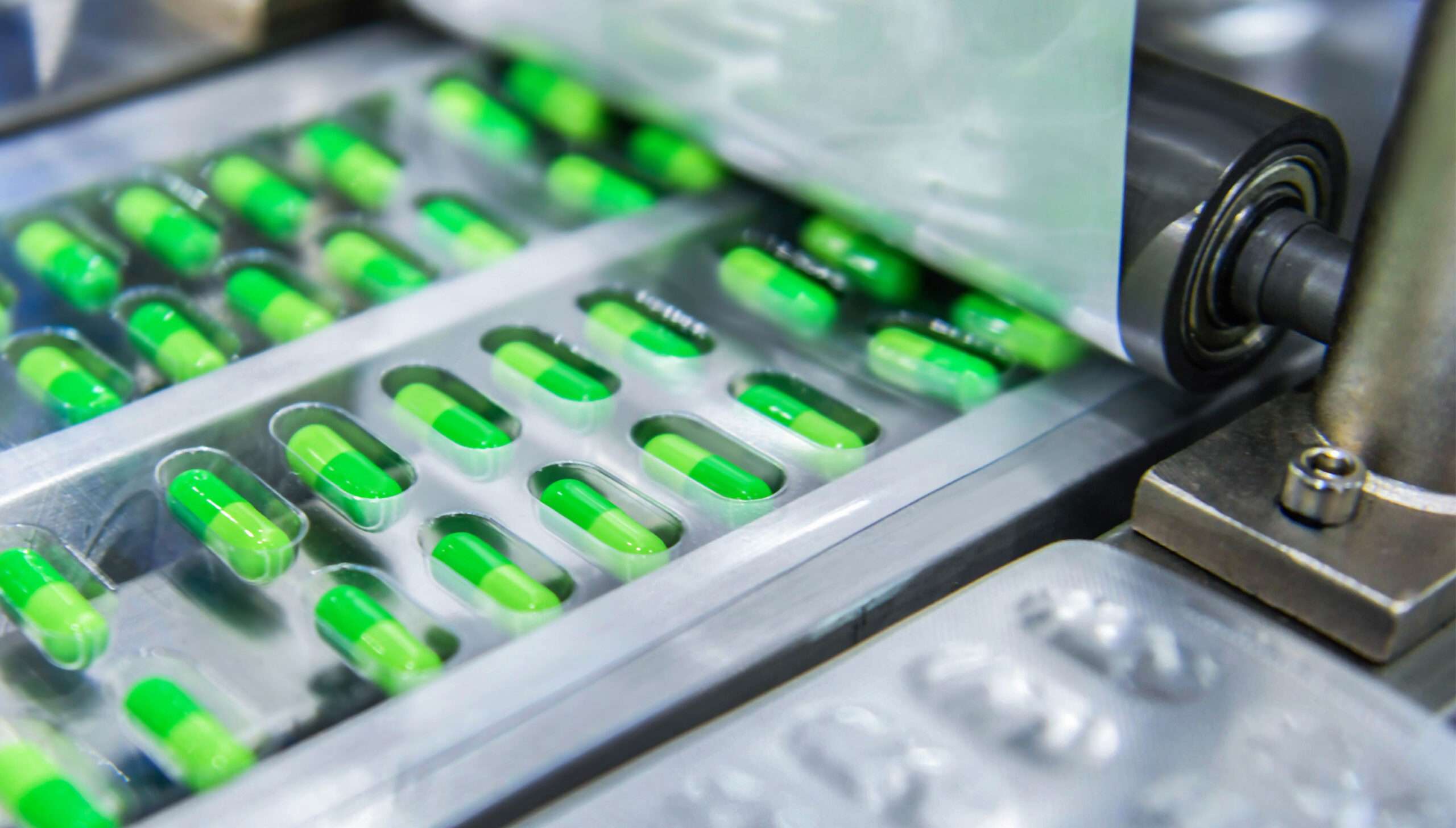 Oral solid dose capsules being sealed in a blister pack.