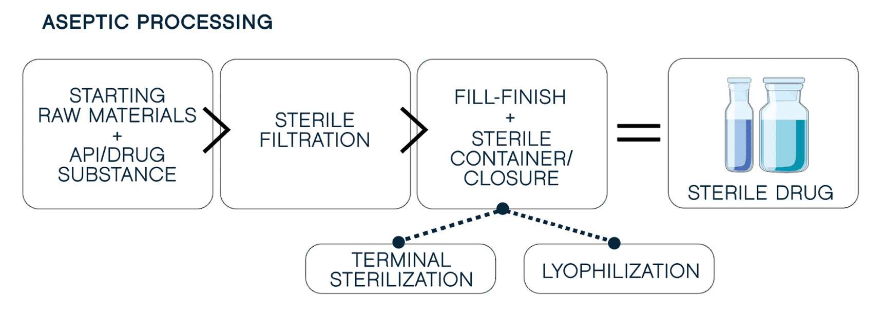 Aseptic fill/finish manufacturing processing stages.